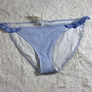 Aerie Blue‎ White Striped Ruffle Bikini Bottom Low Rise Seersucker Large NEW